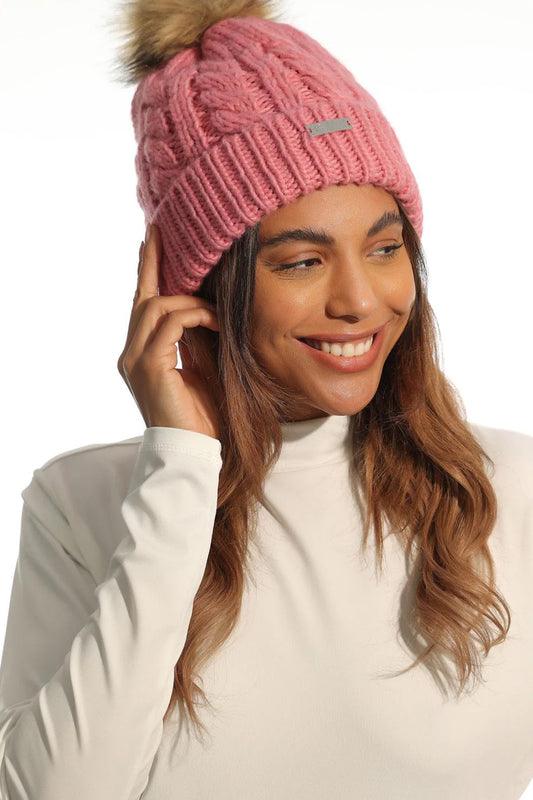 Island Green Pink Fleeced Lined Pink Bobble Hat